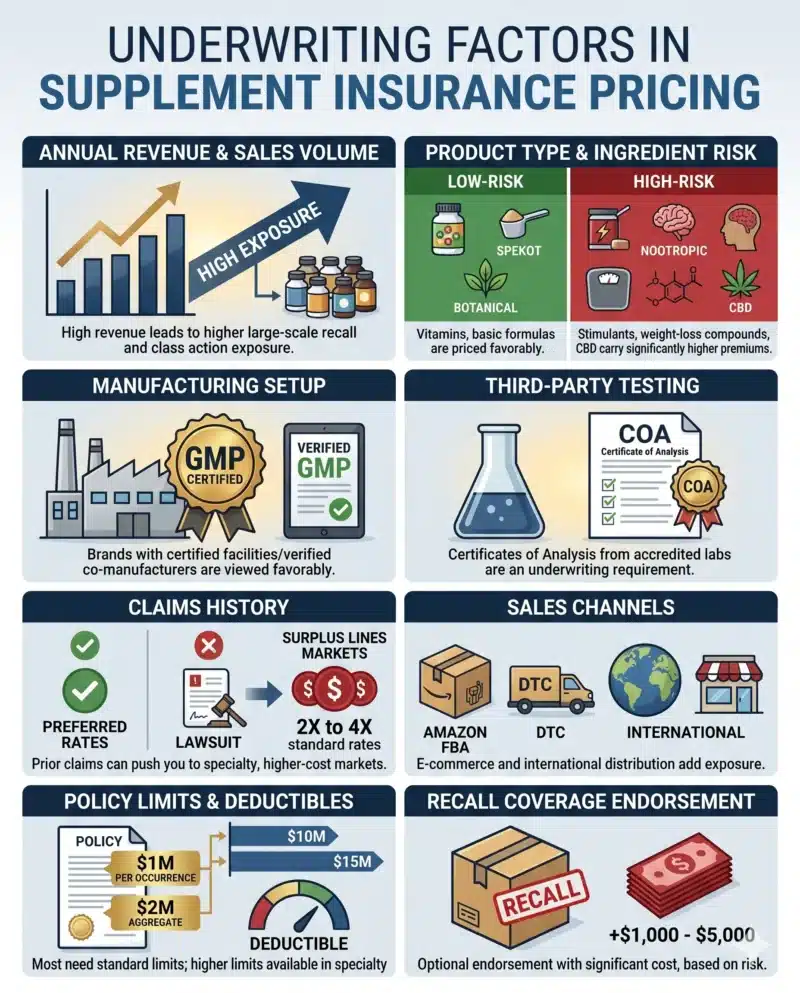 An analysis overview chart detailing factors for supplement insurance pricing, including Annual Revenue & Sales Volume (High Exposure), Product Type & Ingredient Risk (Low and High Risk examples), Manufacturing Setup (GMP Certified), Third-Party Testing (COAs required), Claims History, Sales Channels, Policy Limits & Deductibles, and Recall Coverage Endorsement cost.