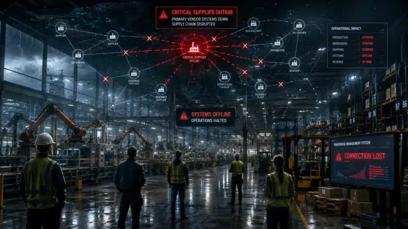 Workers in a dark factory viewing a digital map of a critical supplier outage, illustrating operational risks managed by Contingent Business Interruption Insurance.