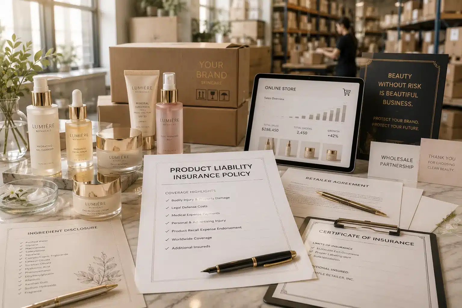 Luxury cosmetic products and insurance documents representing cosmetic product liability insurance coverage for skincare brands.