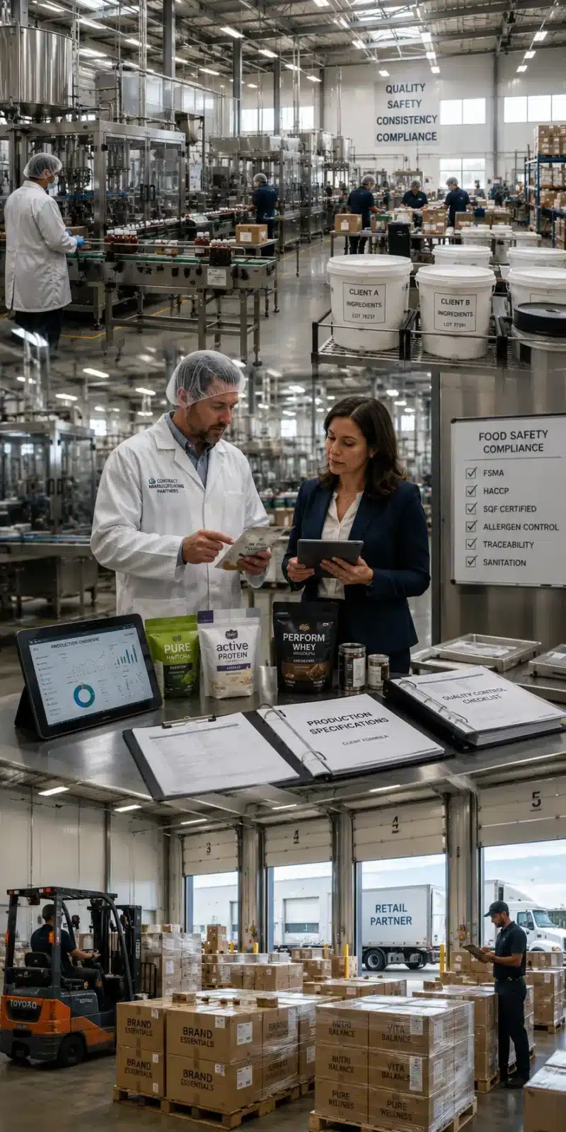 Ultra-wide panoramic image of a contract manufacturing and co-packing facility showing production operations, client collaboration, and retail distribution activity.
Contract Manufacturer Insurance