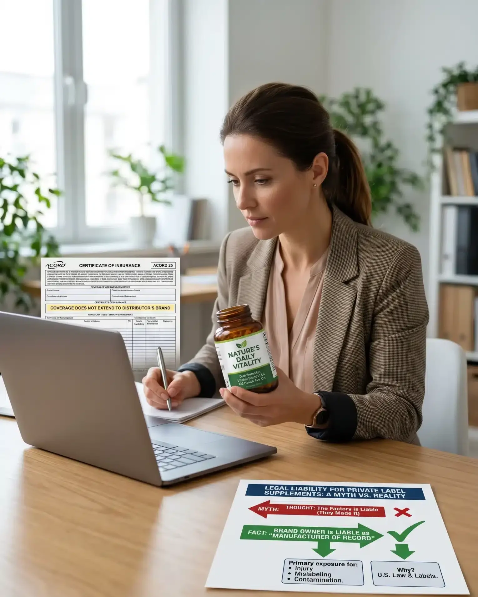 A female brand owner holding a bottle of "Nature's Daily Vitality" while reviewing an informational chart explaining why the brand owner, as the manufacturer of record, requires private label supplement insurance for product liability.