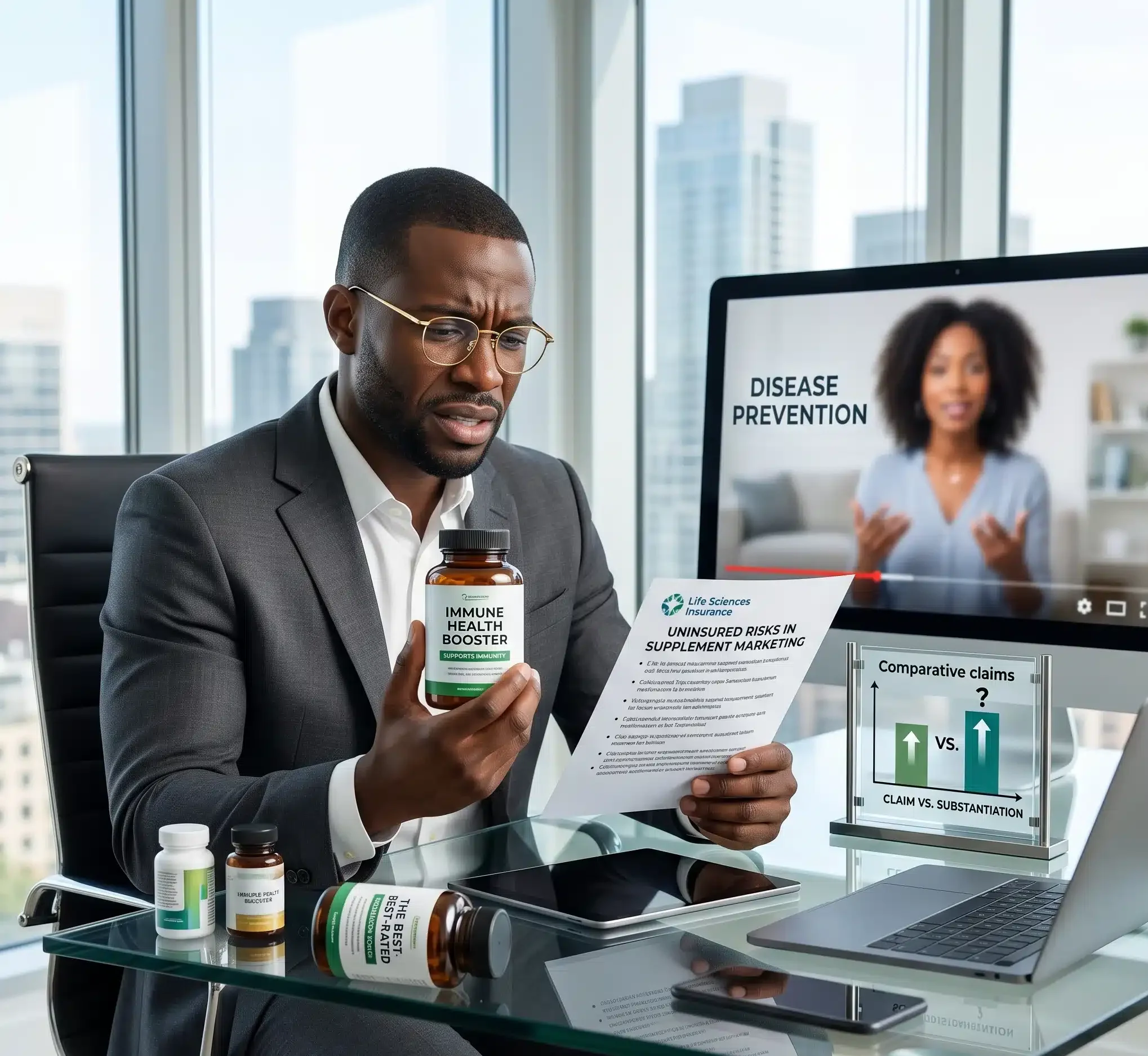 An African American male executive reviewing marketing guidelines and insurance documents regarding uninsured risks in private label supplement insurance, holding a bottle labeled "Immune Health Booster" in a high-rise office.