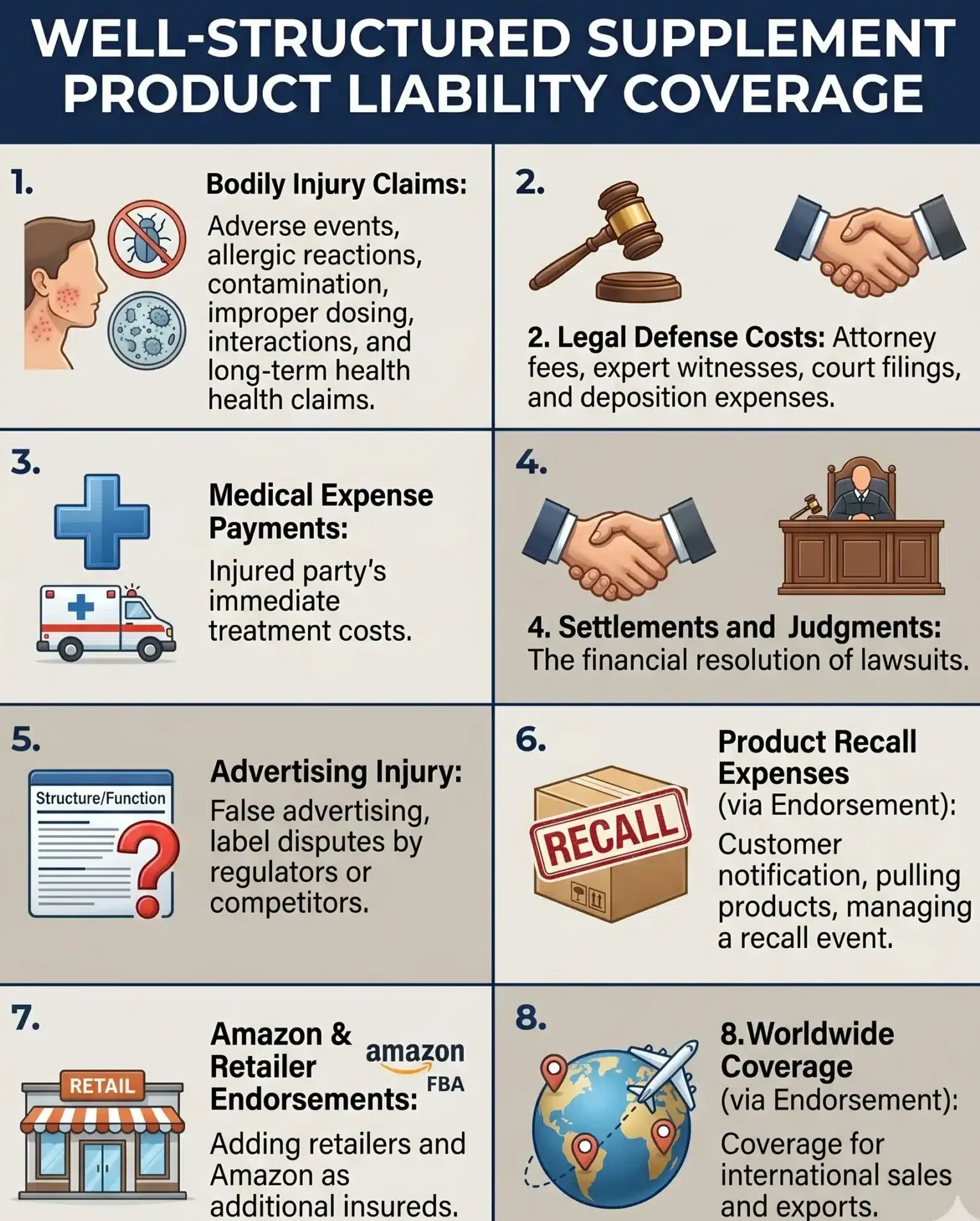 An informational chart overview from a dietary supplement product liability insurance program showing components like Bodily Injury Claims, Legal Defense Costs, Medical Expense Payments, Settlements and Judgments, Advertising Injury, Product Recall Expenses, Amazon & Retailer Endorsements, and Worldwide Coverage.