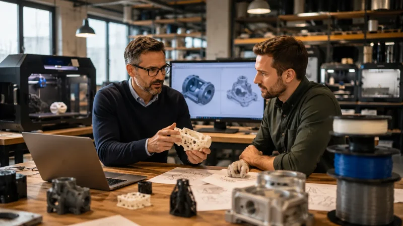 Two male engineers discussing a 3D-printed lattice prototype at a wooden workstation in a manufacturing lab, highlighting the technical risks managed by comprehensive 3D Printing Business Insurance.