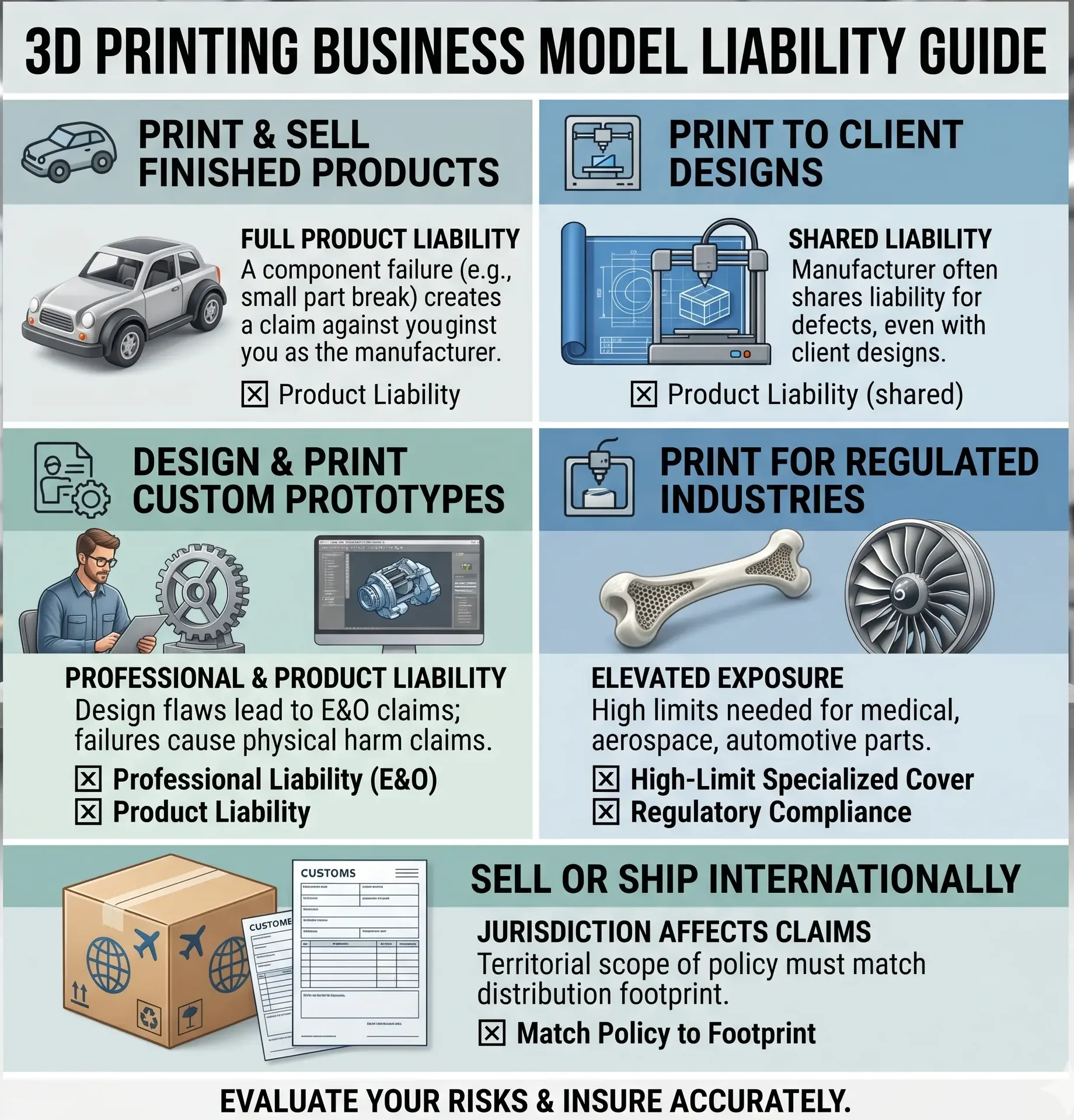 A risk assessment guide detailing liability scenarios like printing finished products, custom prototypes, and regulated parts to help owners evaluate risks and select the right 3D Printing Business Insurance.