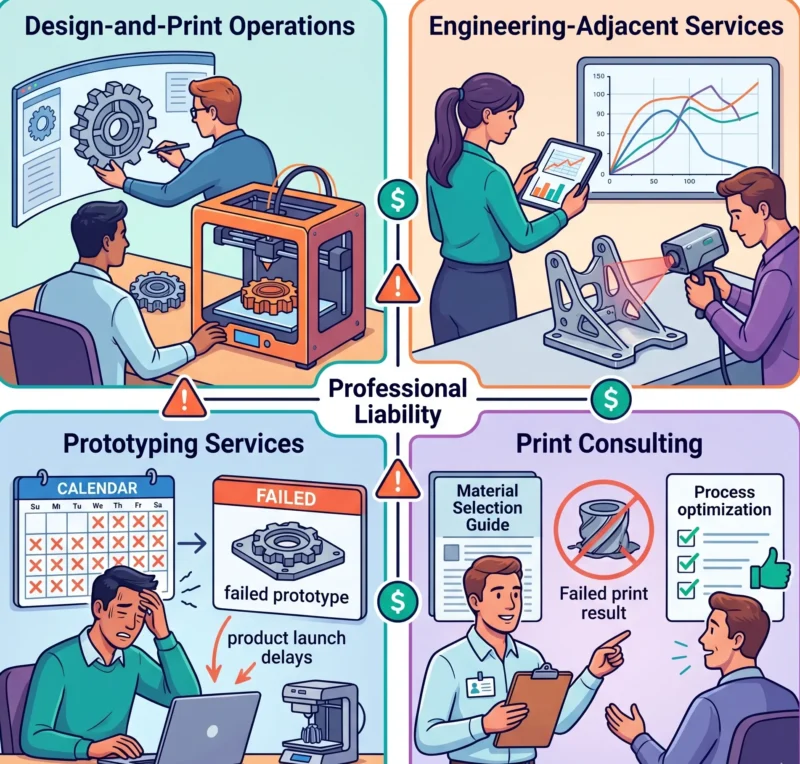 A four-quadrant illustration detailing the design, engineering, prototyping, and consulting services that require specialized Errors and Omissions protection under a 3D Printing Business Insurance policy.