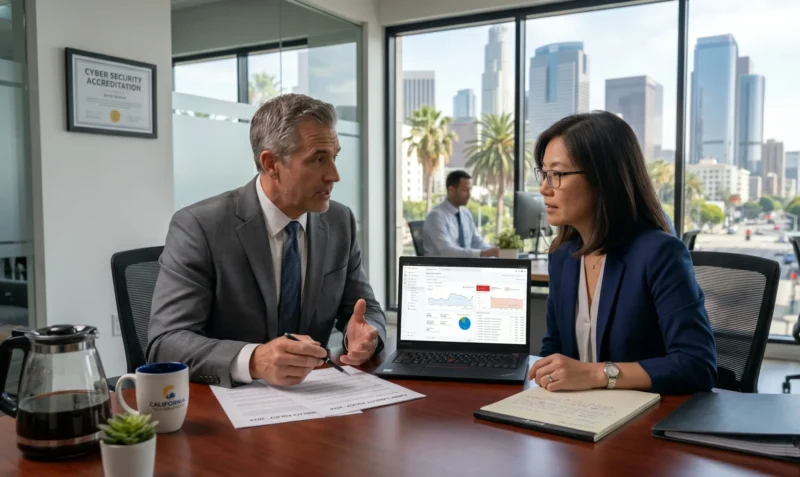 Photorealistic image of a business owner and an experienced insurance broker conducting a risk consulting meeting in a professional office, discussing website privacy compliance, cybersecurity charts, and legal risk management in a sophisticated corporate atmosphere. When businesses evaluate data use, they often ask, does cyber insurance cover CIPA.