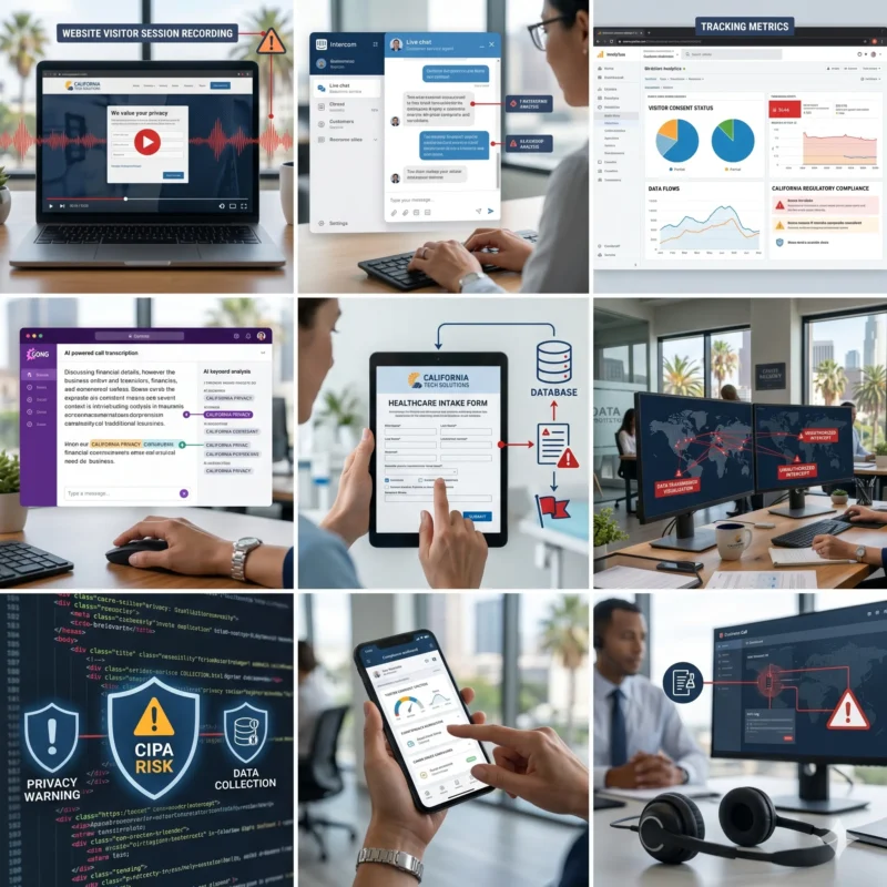 Photorealistic square business technology collage, grid composition showing multiple common CIPA claim trigger scenarios: website visitor session recordings on a laptop, live chat conversations being processed, analytics dashboards with tracking metrics, AI-powered call transcription software in use, and healthcare intake forms being submitted online. All these situations pose a risk, which leads companies to ask, does cyber insurance cover CIPA.