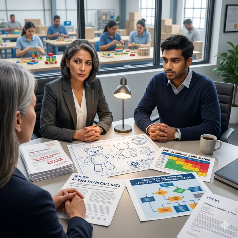 Two commercial insurance brokers hold an in-person advisory meeting with a toy business owner. Spread across the conference table are toy recall data sheets and a CPSC compliance risk matrix, showcasing the specialized underwriting expertise needed for Toy Manufacturer Insurance.