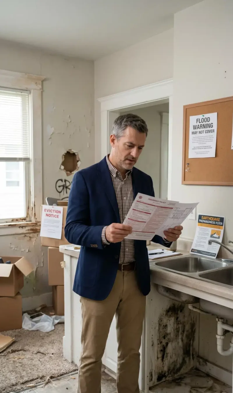 Landlord Insurance exclusions illustrated through a rental property showing wear and tear, mold, vacancy concerns, tenant damage, and maintenance-related issues that may not be covered.