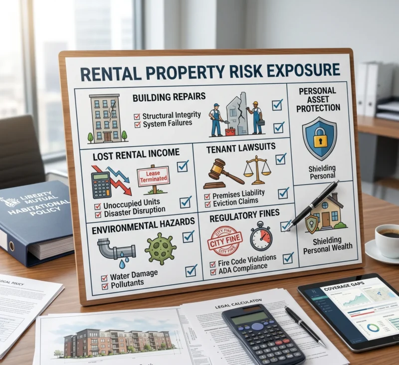 Rental property risk assessment checklist highlighting repair costs, liability claims, lost rental income, and other exposures addressed by Habitational Insurance.