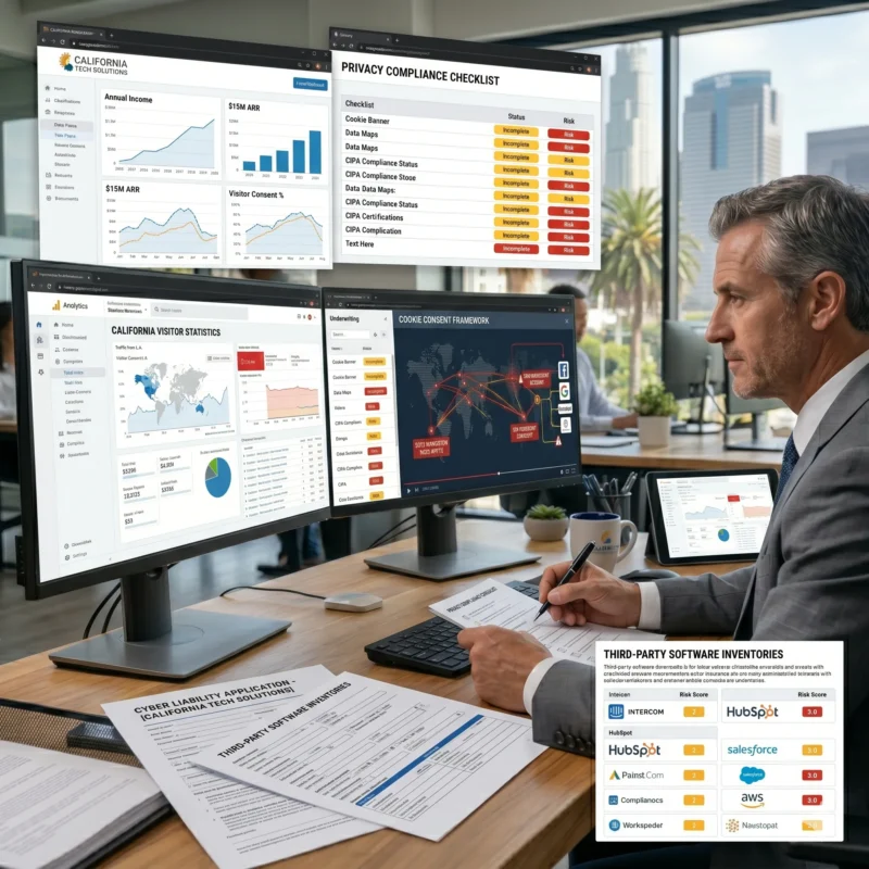 Photorealistic square close-up photograph of a cyber insurance underwriter (a professional man with greying hair and a suit, seen from the side) conducting a methodical data analysis of business risk. Multiple high-tech monitors display complex dashboards: 'CALIFORNIA VISITOR STATISTICS', a detailed 'PRIVACY COMPLIANCE CHECKLIST', 'COOKIE CONSENT FRAMEWORKS', and revenue metrics. This analysis is crucial in determining the answer to, does cyber insurance cover CIPA.