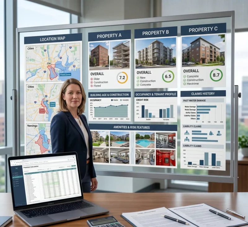 Insurance professional analyzing building age, location, claims history, and occupancy factors that influence Habitational Insurance premiums for rental properties.