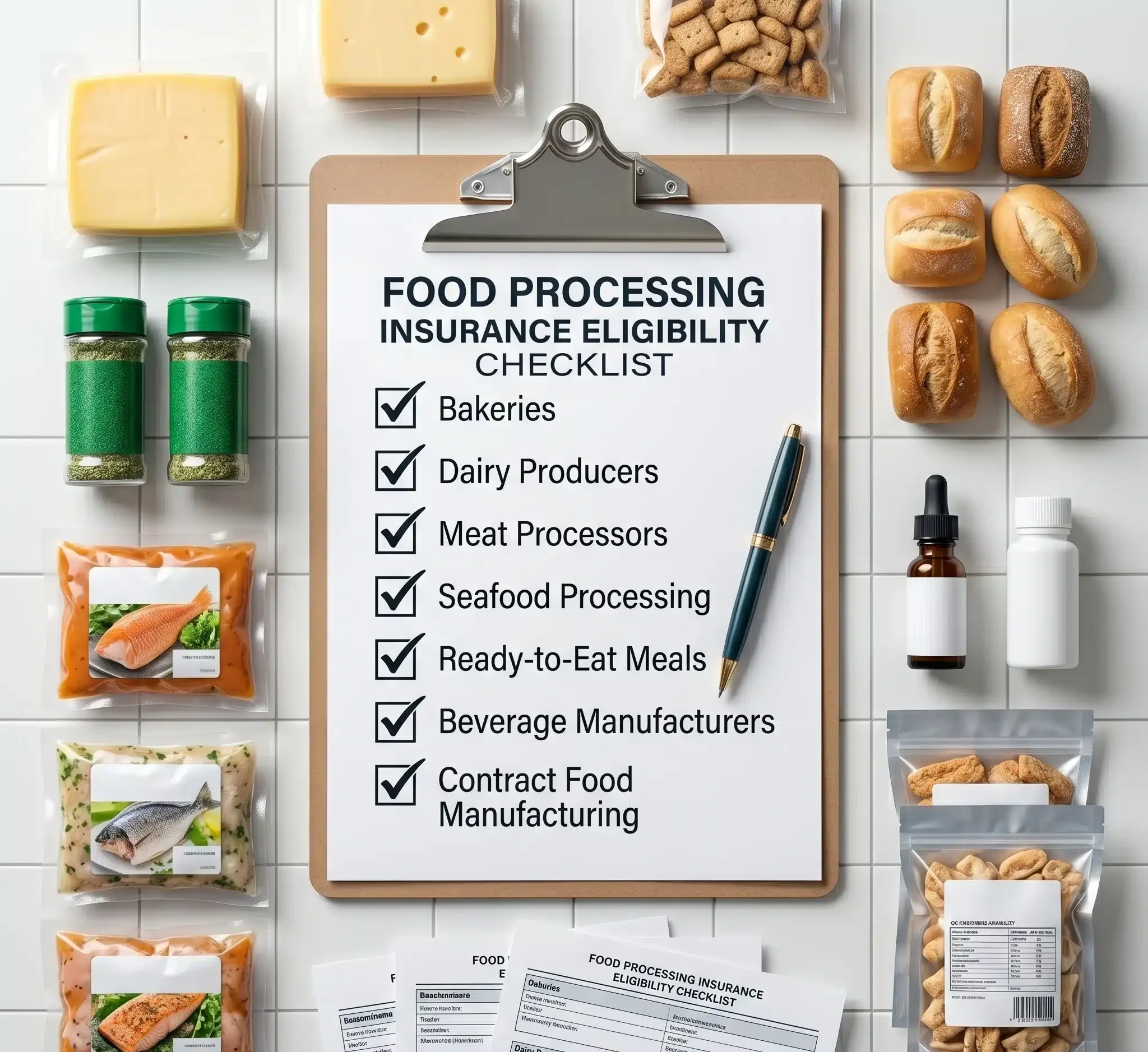 A professional overhead flat-lay of an eligibility checklist for bakeries, dairy, and meat processors, surrounded by packaged goods, illustrating who qualifies for Food Processing Insurance.