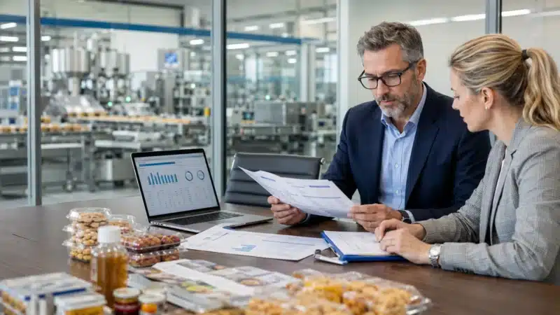 A food processing company owner and manager sit in a modern office overlooking the factory floor, reviewing compliance paperwork and securing their business with Food Processing Insurance.
