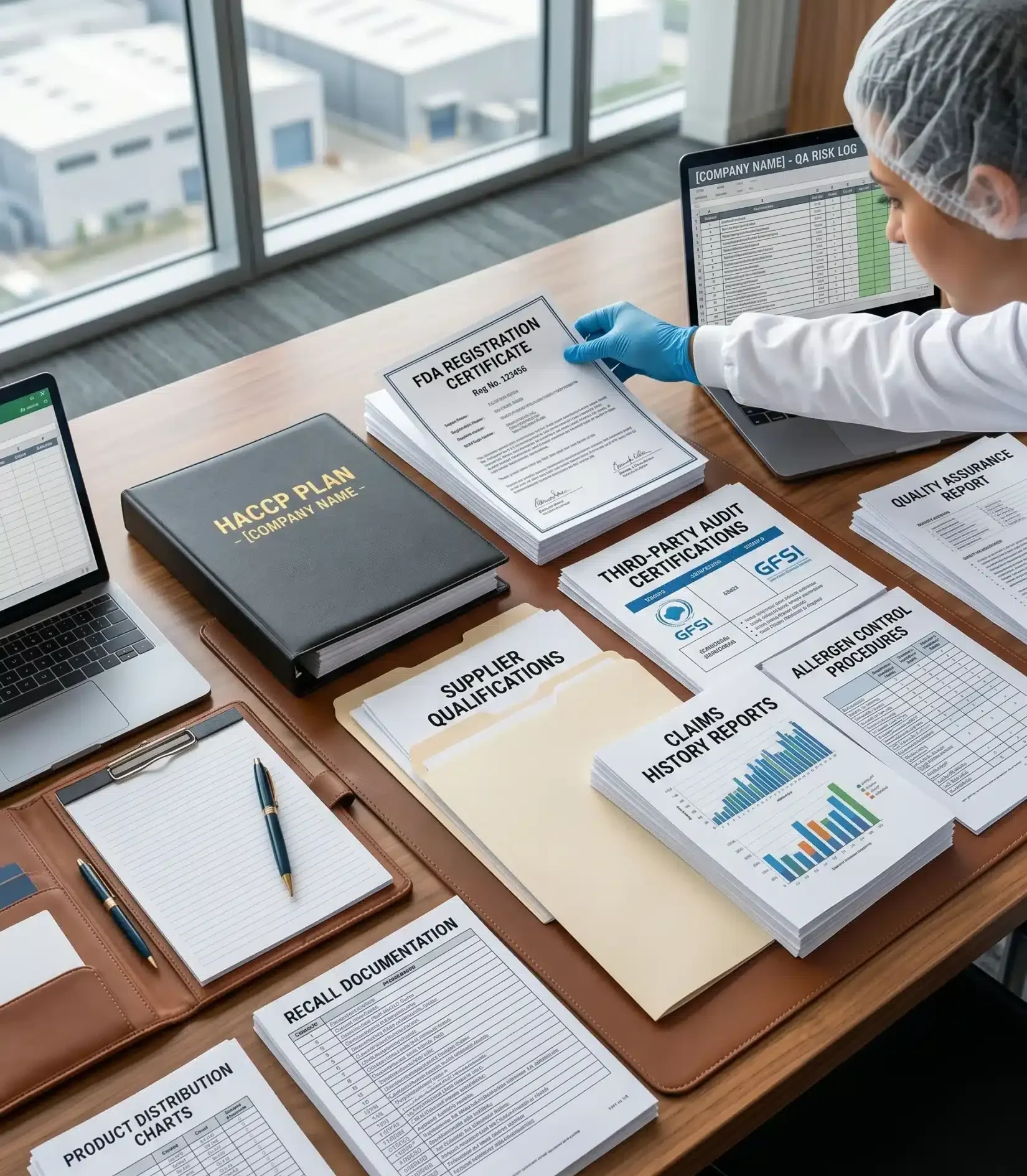 An overhead vertical view of an executive desk arranged with FDA registrations, audit certifications, and recall documentation prepared for a comprehensive Food Processing Insurance submission package.