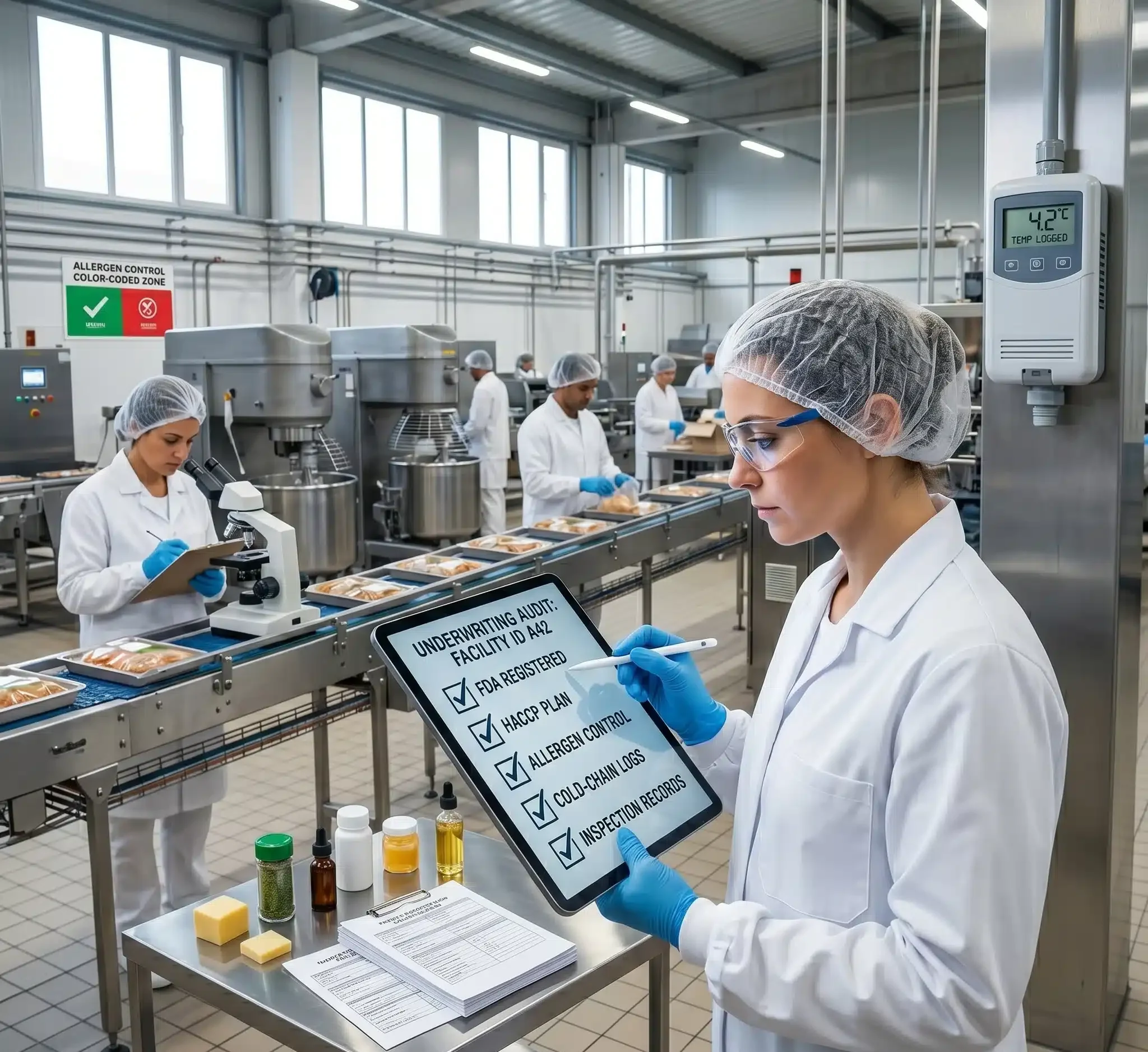 A compliance manager uses a tablet to track HACCP and FDA checkpoints inside a modern plant, demonstrating the risk management practices required for Food Processing Insurance underwriting.