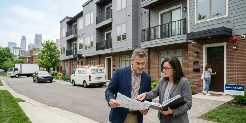 Landlord Insurance for multifamily residential buildings showing a property owner reviewing coverage requirements for apartment properties with four or more rental units.