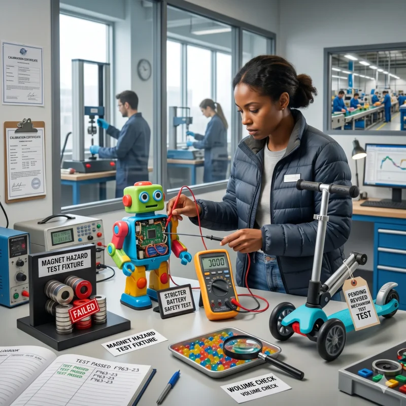 A quality control technician tests an electronic robot toy with a multimeter on a laboratory desk. Surrounded by a failed magnet hazard test fixture, a toy scooter, and water beads, this scene underscores the strict regulatory testing required to maintain valid Toy Manufacturer Insurance.