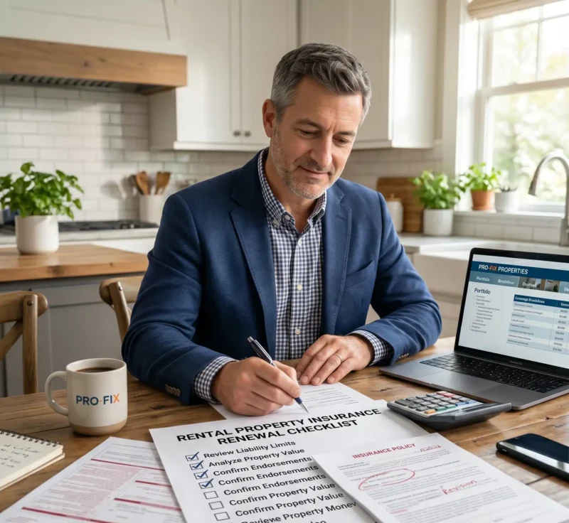 Landlord Insurance checklist showing a rental property owner reviewing policy type, liability limits, vacancy clauses, rental income protection, and optional endorsements.