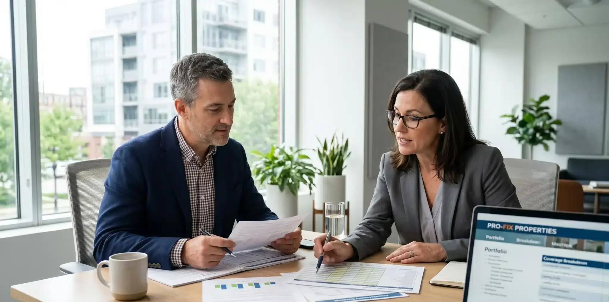 Landlord Insurance consultation showing a landlord meeting with an insurance expert to review coverage options, liability protection, and policy details.