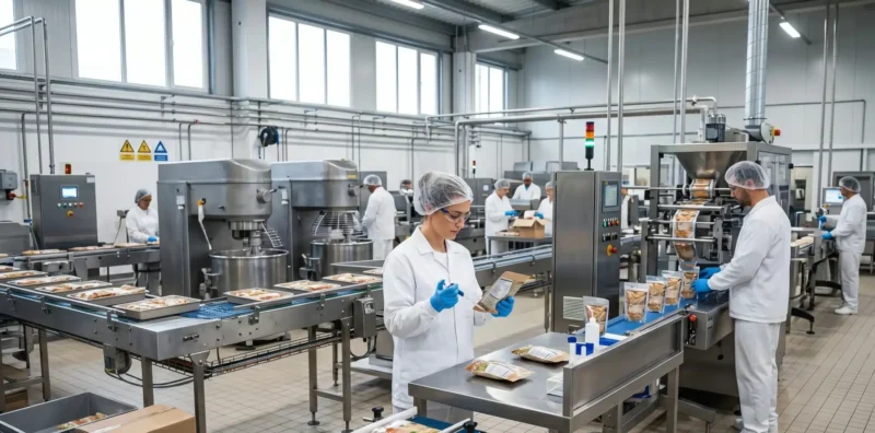 A wide, ultra-realistic shot of a spotless food manufacturing floor where workers in safety gear inspect items on a stainless steel conveyor belt, highlighting the operational standards protected by comprehensive Food Processing Insurance.
