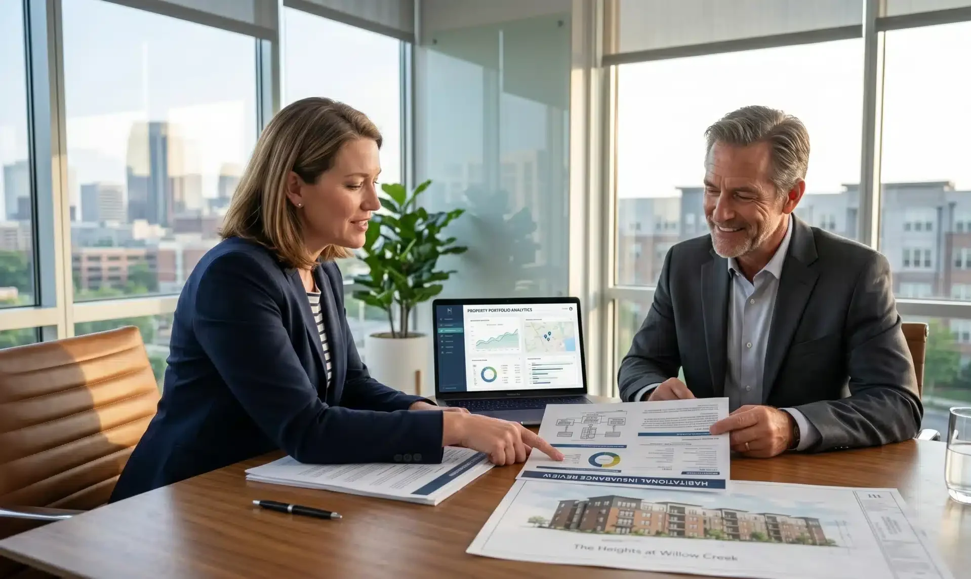 Property owner meeting with an insurance advisor to review coverage documents and risk management strategies related to Habitational Insurance.