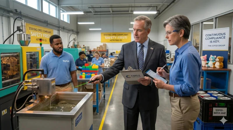 An insurance specialist and a toy company executive inspect production equipment using a laser tester on the factory floor. They are discussing policy details next to a CPSC compliance banner, highlighting why specialized Toy Manufacturer Insurance is crucial for physical children's products.