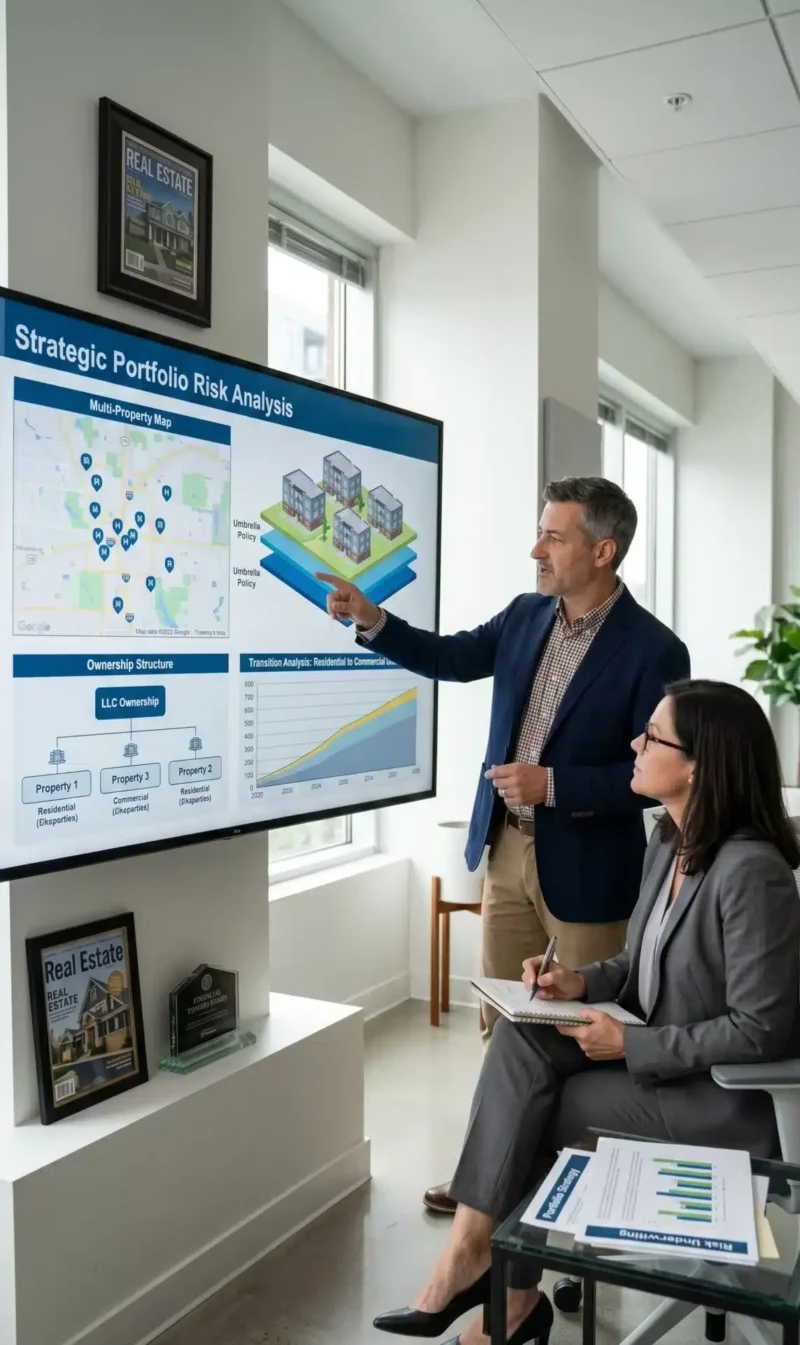 Landlord Insurance strategy session featuring a real estate investor meeting with an insurance professional to discuss LLC ownership, umbrella coverage, DP-3 policies, and portfolio protection.