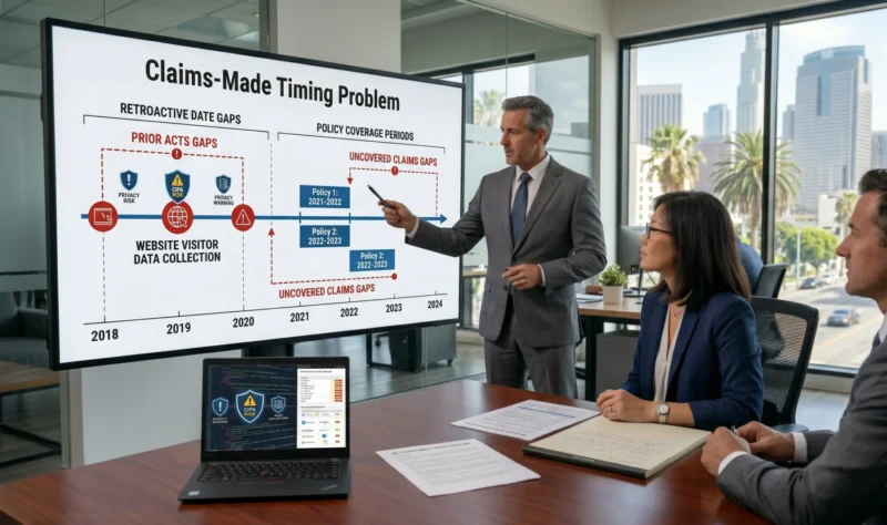Ultra-realistic 16:9 photorealistic image of an expert insurance consultant (David, a middle-aged man in a sharp grey suit with greying hair) standing in a modern corporate conference room in Los Angeles beside a large wall-mounted digital LED screen. The screen visualizes a detailed 'CLAIMS-MADE TIMING PROBLEM' timeline chart, with visual markers for 'RETROACTIVE DATE GAPS', 'PRIOR ACTS GAPS', and 'POLICY COVERAGE PERIODS'. Business owner Sarah Chen listens intently, considering a critical question about coverage timing: does cyber insurance cover CIPA.