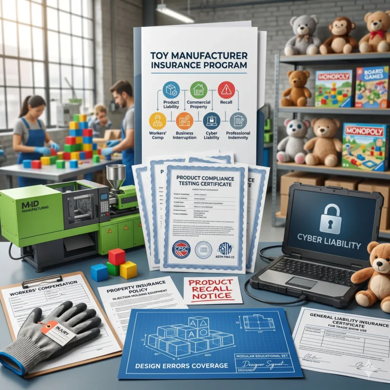 A 1:1 conceptual image displaying a Toy Manufacturer Insurance program folder surrounded by key commercial policy documents, a cyber liability laptop screen, design blueprints, and plush toys on workshop shelves to represent the seven core lines of business coverage.