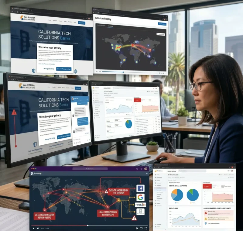 Ultra-realistic square close-up photograph of multiple modern computer monitors operating a business website, simultaneously displaying website visitor session recording heatmaps, a live chat widget, analytics dashboards, customer support tools, and other third-party tracking pixels running, while visual indicators show data being transmitted. This scenario highlights the risk and leads to the question, does cyber insurance cover CIPA.