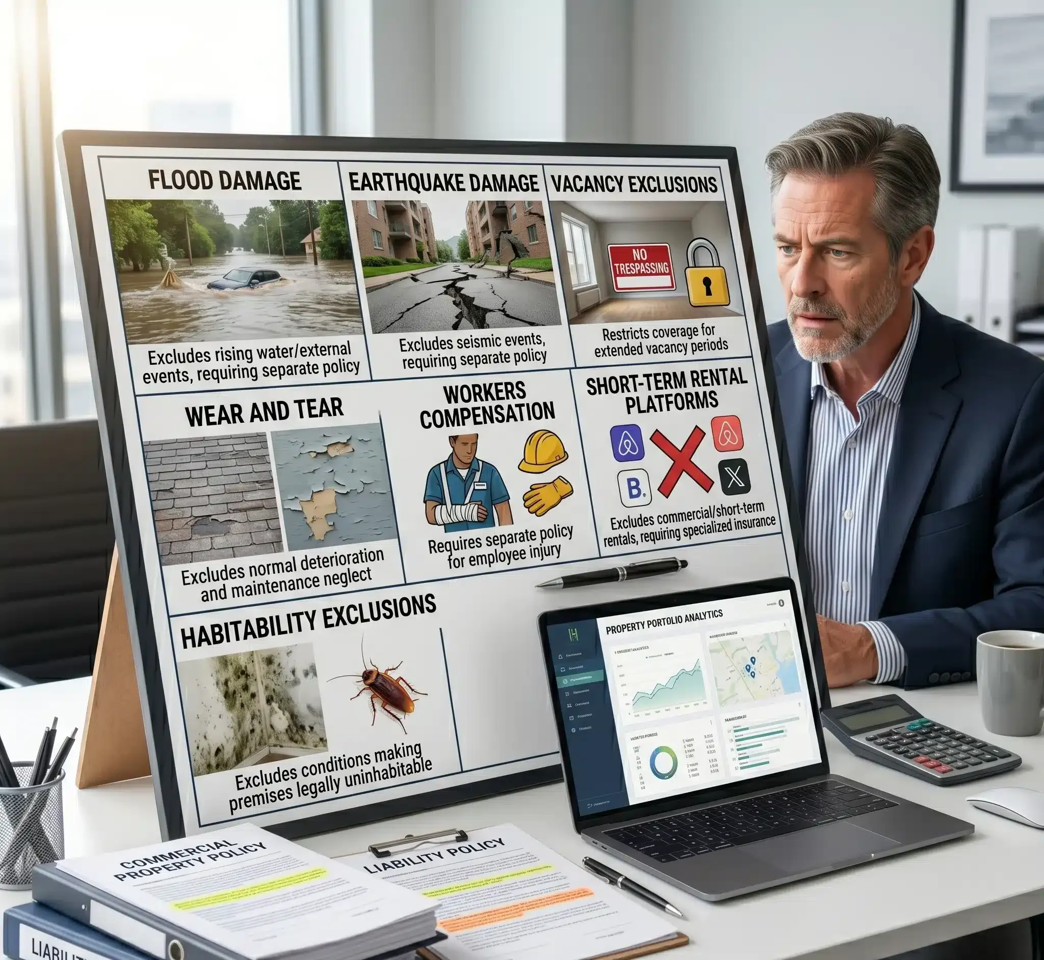 Insurance exclusions dashboard showing flood damage, earthquake losses, vacancy exclusions, and other risks not typically included in Habitational Insurance policies.