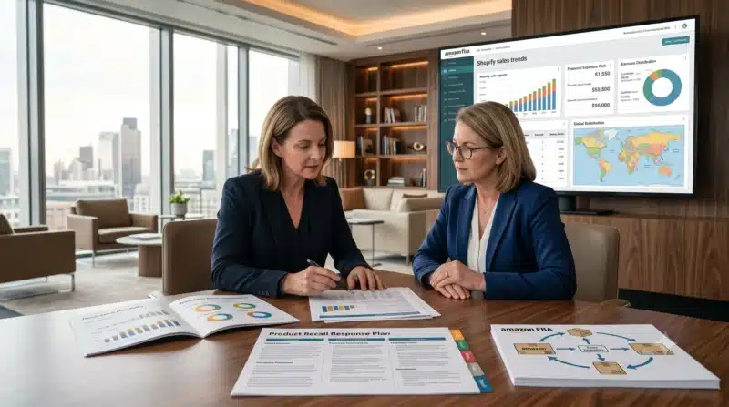 An insurance advisor helps an e-commerce business owner evaluate coverage gaps, business interruption risks, and policy coordination with Product Recall Insurance for E-Commerce.
