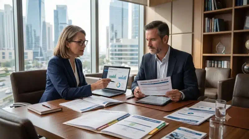 An independent insurance broker helps a business owner compare commercial policies and coverage options as part of a Mid-Market Business Insurance review.