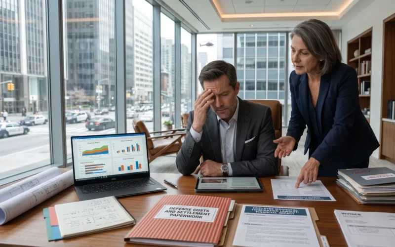 A business owner reviews legal documents after an employee lawsuit, demonstrating the importance of understanding D&O vs EPLI Insurance before a claim occurs.