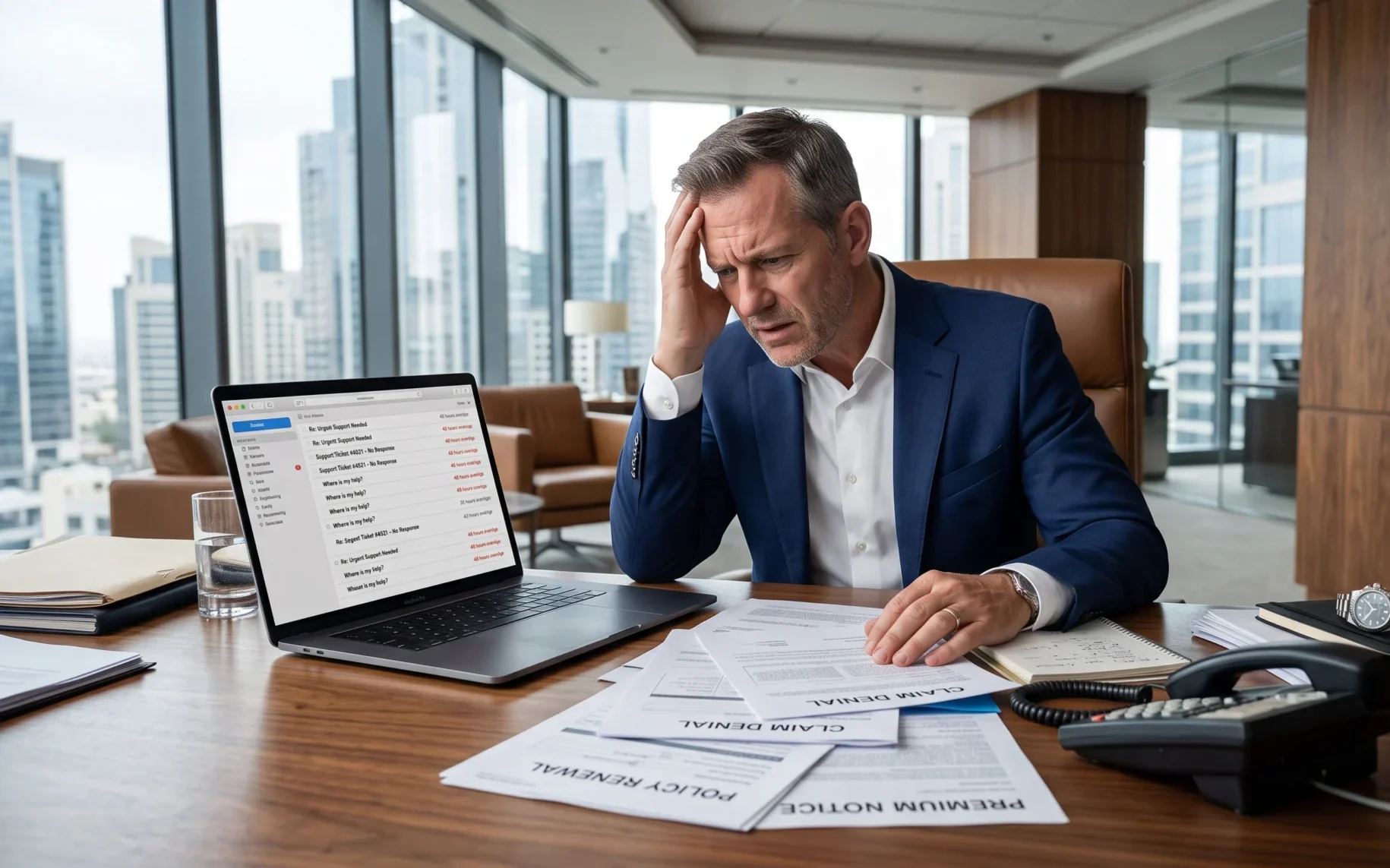 A business owner in a sophisticated executive office reviewing policy documents with frustration after experiencing poor customer support, illustrating Insurance Broker Sold And The Service Declined.