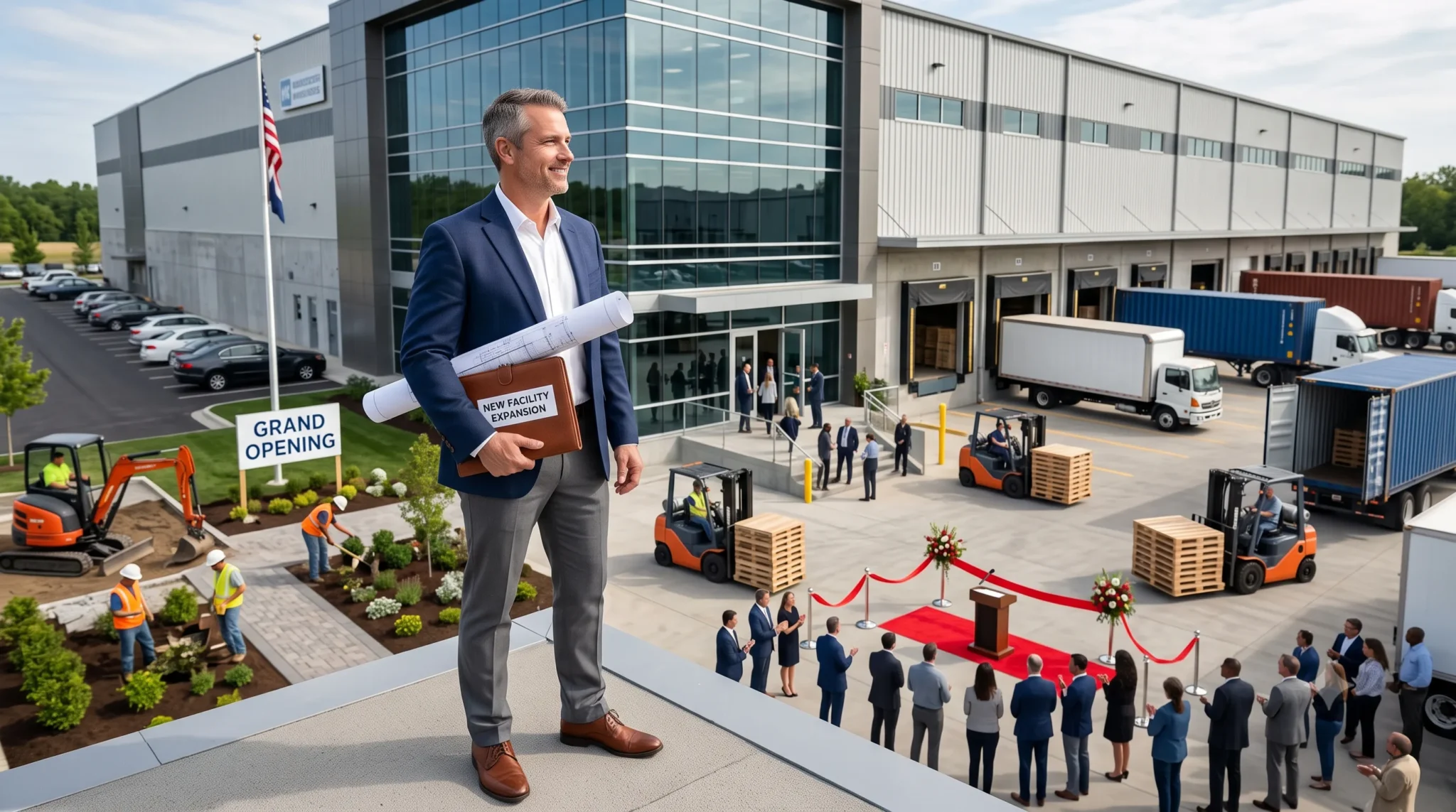 A manufacturing and importing business owner stands outside a newly opened industrial facility during expansion, illustrating does business insurance cover a new location for growing companies.