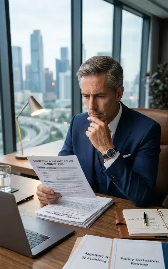 A business owner reading a commercial insurance policy with a thoughtful and confused expression while seeking a Second Opinion On My Business Insurance.