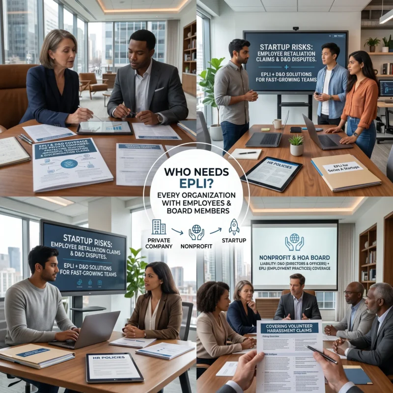 A collage of private companies, nonprofit boards, and startup founders highlights which organizations benefit most from D&O vs EPLI Insurance.
