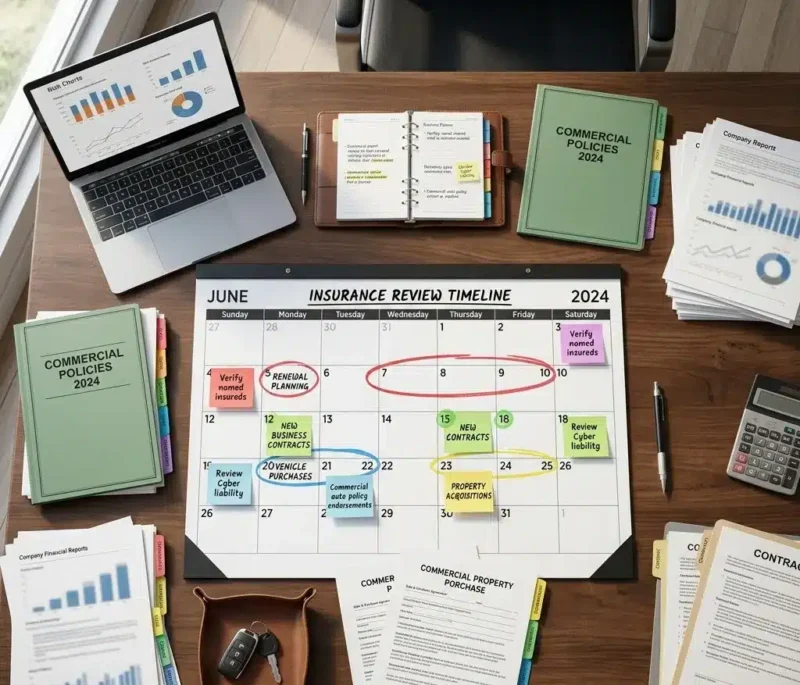 A business planning calendar highlighting important insurance review dates and renewal milestones for a Second Opinion On My Business Insurance.