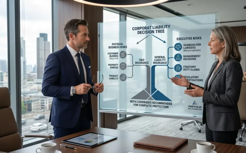 A business owner and insurance advisor review a coverage comparison chart to understand D&O vs General Liability Insurance and determine the right protection for their organization.