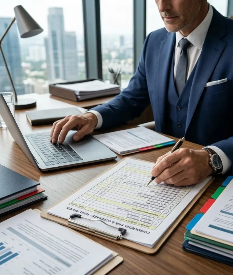 A professional insurance broker reviewing a detailed checklist of commercial insurance policies and endorsements during a Second Opinion On My Business Insurance evaluation.