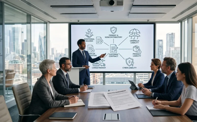 A commercial insurance broker explaining liability, cyber, product, cargo, and umbrella policies needed to satisfy Customer Contract Insurance Requirements for business agreements.