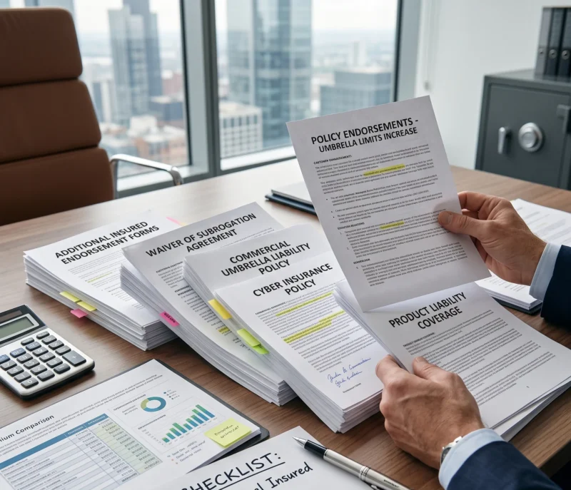 Close-up of commercial insurance documents showing endorsements, liability limits, and policy reviews related to Customer Contract Insurance Requirements.