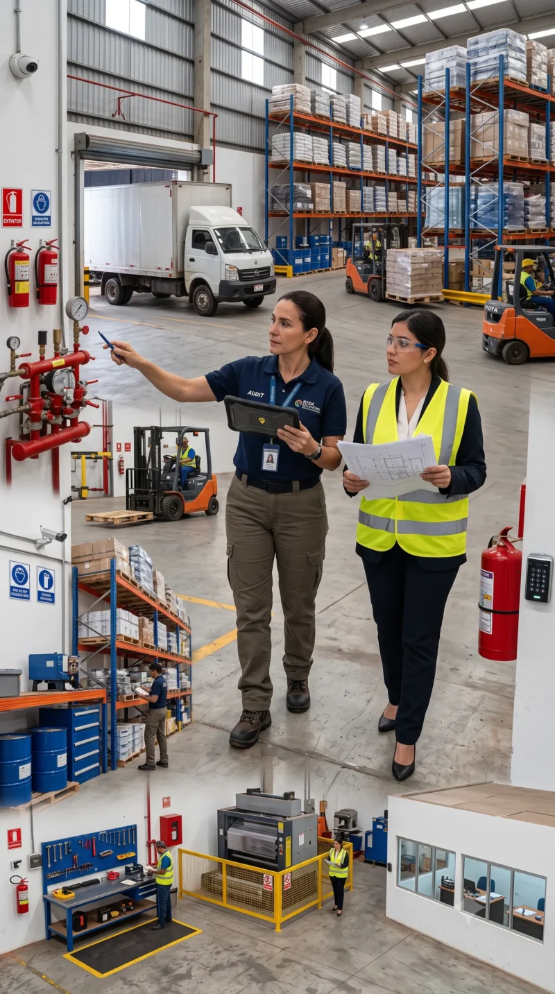 An insurance consultant and business owner inspect a new warehouse while reviewing inventory, employees, equipment, vehicles, and operational risks to answer does business insurance cover a new location.