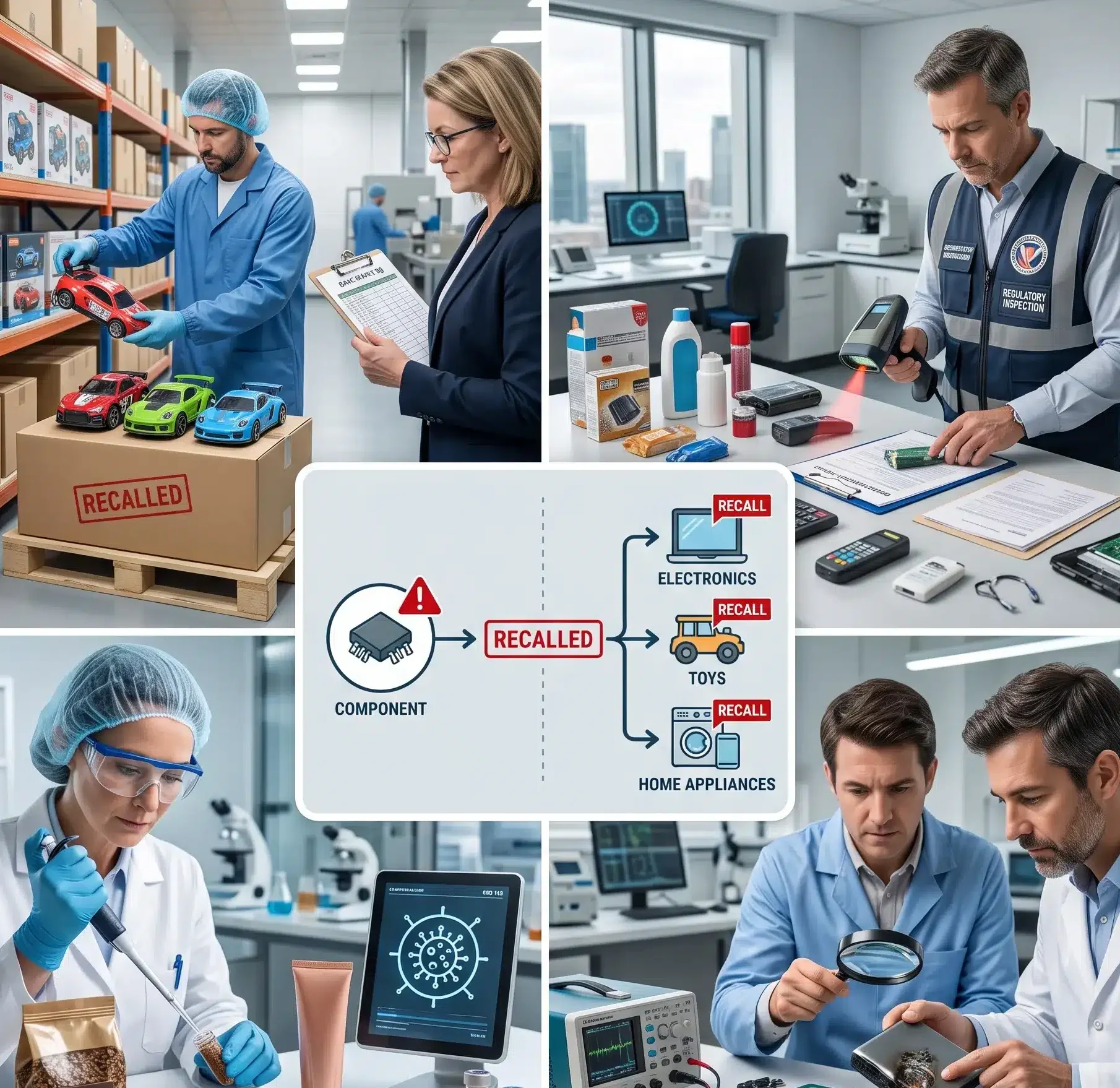 A collage illustrating voluntary recalls, government recalls, contamination, product defects, and supplier issues that can lead to claims under Product Recall Insurance for E-Commerce.