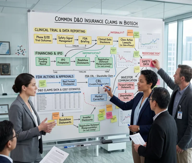 A biotech leadership team reviewing a whiteboard that outlines common litigation risks and regulatory events related to D&O Insurance for Biotech Startups.
