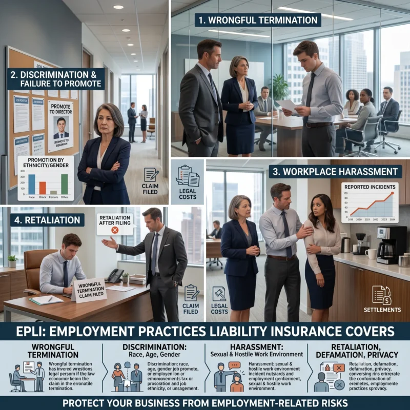 A workplace scene illustrates common employment-related claims such as discrimination, harassment, retaliation, and wrongful termination under D&O vs EPLI Insurance.