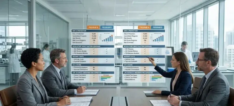 Executives and an insurance specialist comparing policy features such as Side A protection, regulatory coverage, and defense costs for D&O Insurance for Biotech Startups.